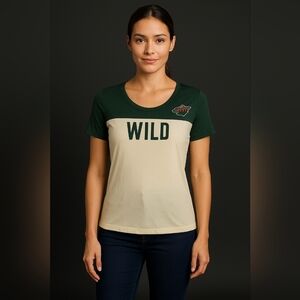 Minnesota Wild Women’s Green Cream Tee Short Sleeve Logo Top NHL Fan XL NWT